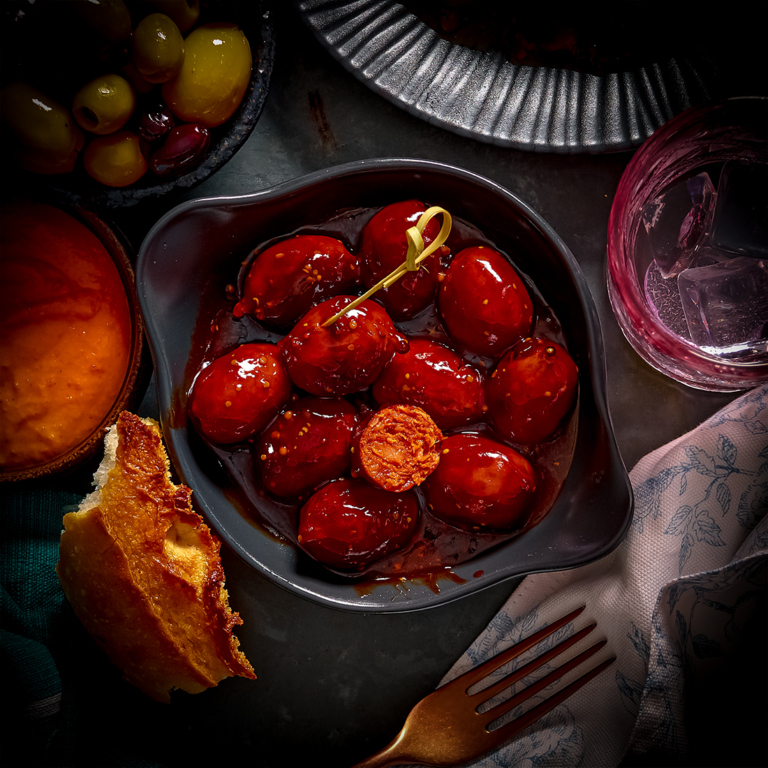 CiderBraised Mini Chorizo Sausages with Mustard & Honey Glaze Tapas Fusion Delivery